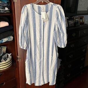 H&M Blue and White Striped Puff-Sleeve Dress Linen Blend size M  New with Tags!